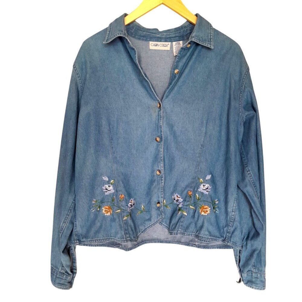 Vintage Cabin Creek Sz Large Boho Cottagecore Embroidered Denim Western Blouse